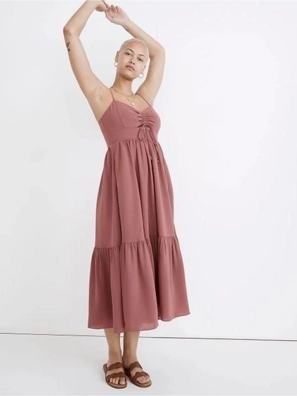 Madewell Ruched Keyhole Tiered Midi Dress | Vintage Quartz | Size 8